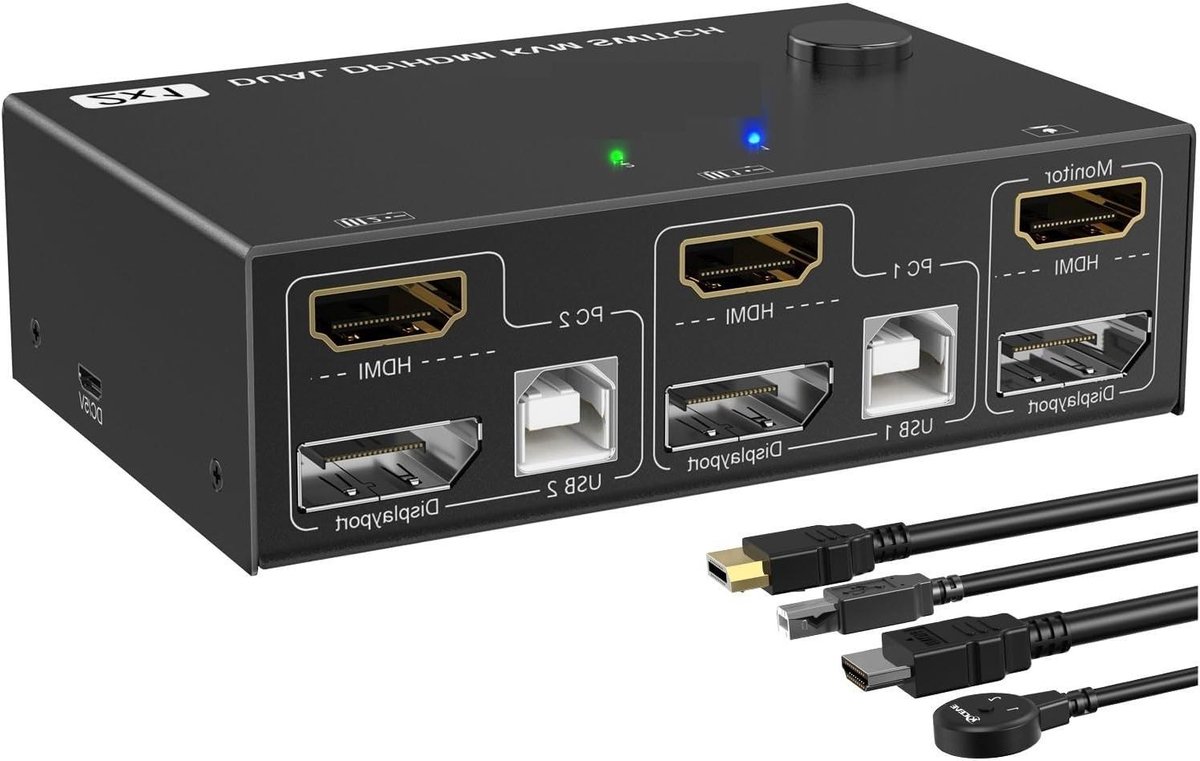 KVM Switch - Dual Monitor Switch - Computers Delen - 4K 60Hz Uitbreiding - 2 Poorten - Zwart