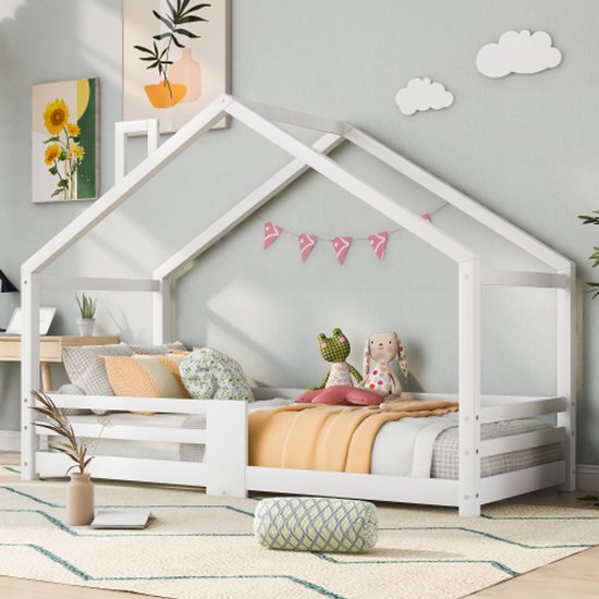 Kinderbed Huisbed met Schoorsteen, Valbeveiliging, Robuuste Lattenbodems, Grenen Houten Huisbed voor Kinderen 90x200 cm Zonder Matras, Wit