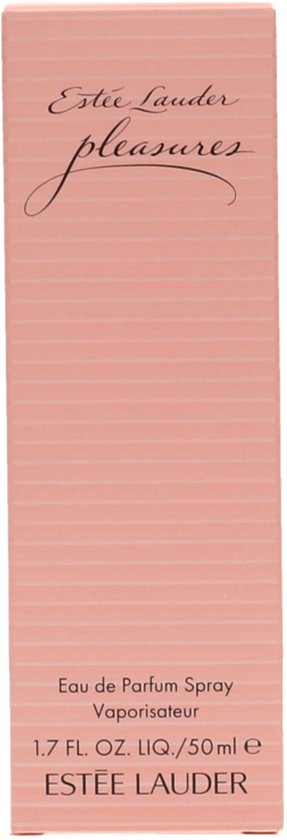 Roze kartonnen verpakking van Estée Lauder Pleasures met tekst 'Estée Lauder pleasures Eau de Parfum Spray 1.7 FL. OZ. LIQ./50ml e ESTEE LAUDER'.