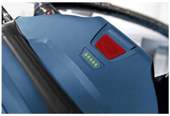 Blauw deksel van Bosch bouwstofzuiger met rode aan/uit knop en batterij indicator.