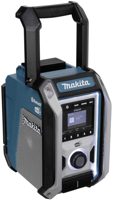 Makita bouwradio in turquoise en zilver met display, draaiknop, knoppen en handvat.