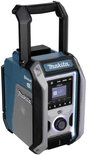 Makita bouwradio in turquoise en zilver met display, draaiknop, knoppen en handvat.