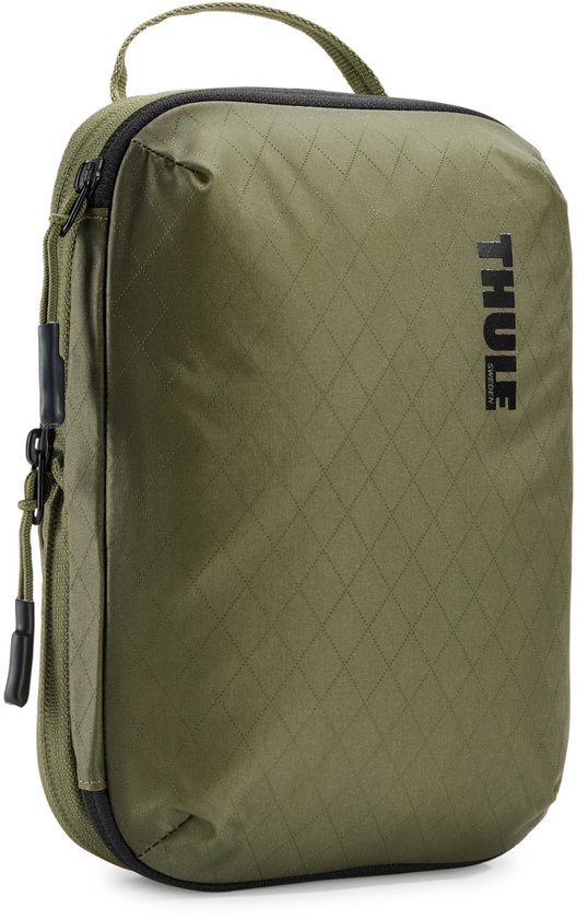 Groene packing cube met ruitpatroon, handvat en zwart "THULE" logo.