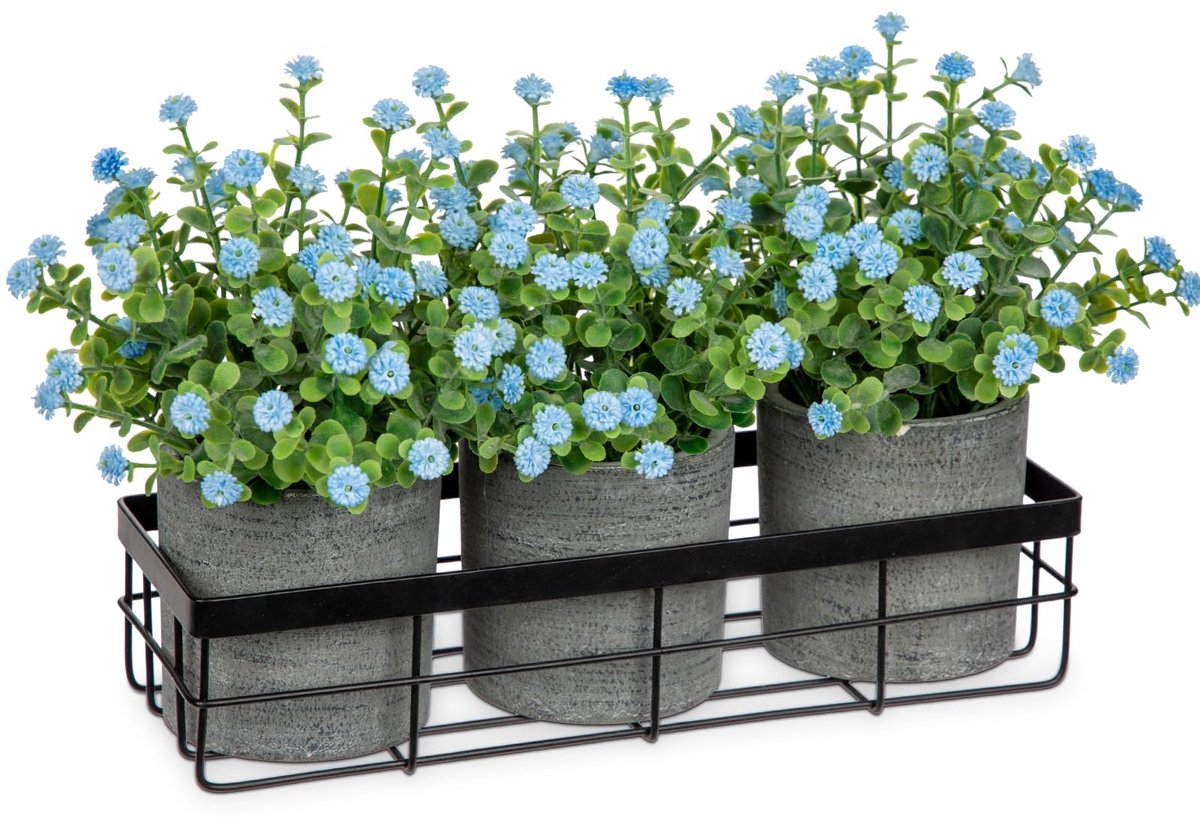 Unyqoos ® Decoratieve Set van 3 Kunstbloemen in Pot met Elegante Metalen Mand voor Interieurdecoratie kleurrijk