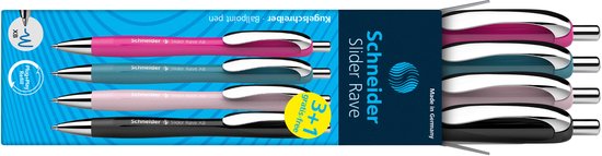 Een pak Schneider Slider Rave balpennen in vier kleuren: fuchsia, turquoise, lichtroze en zwart, met zilveren clips.