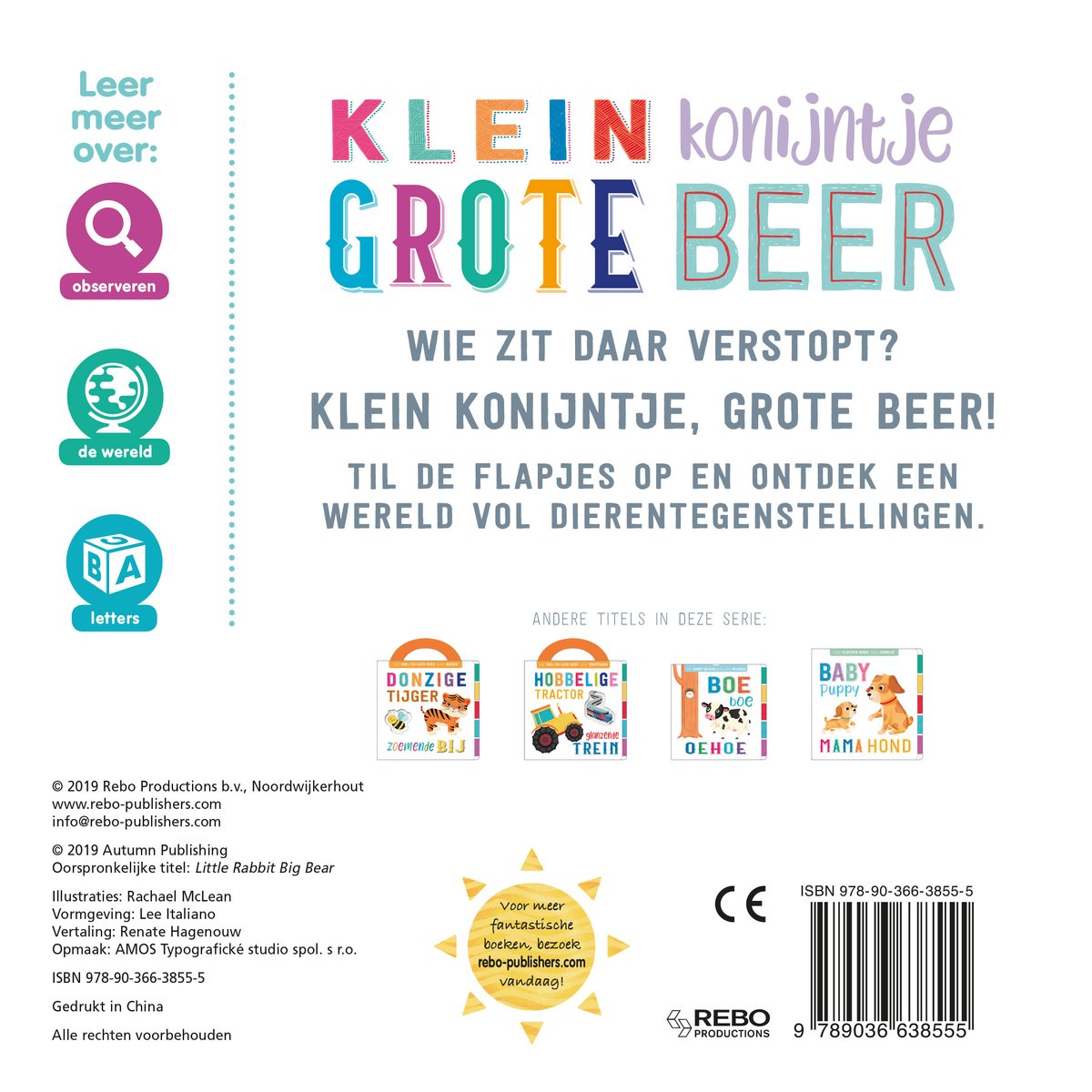 Boek met een bruine beer die een grijze konijn begroet. De titel is "Klein konijntje, grote beer".