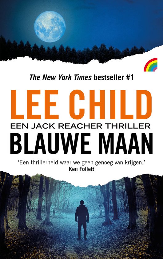 Boekomslag van 'Blauwe Maan' door Lee Child, met een silhouet van een man in een bos onder een grote blauwe maan.