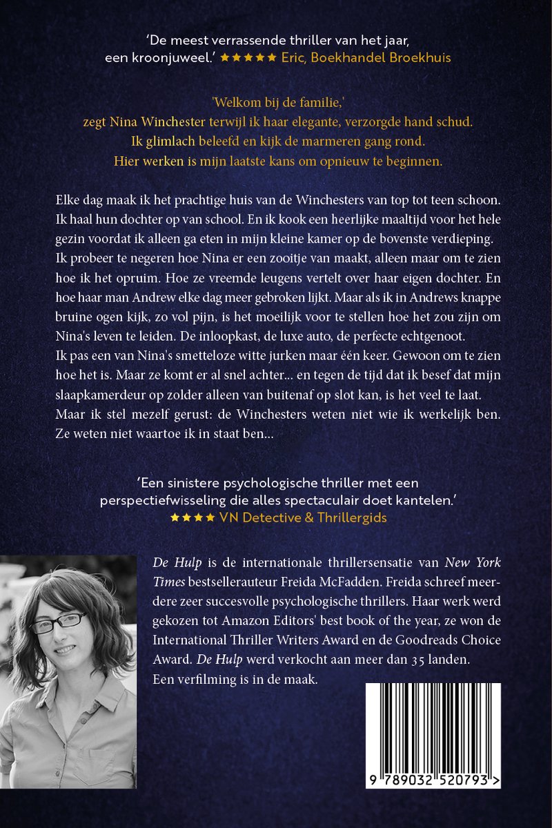 Achterkant van boek met portret van een vrouw, tekst en ISBN.