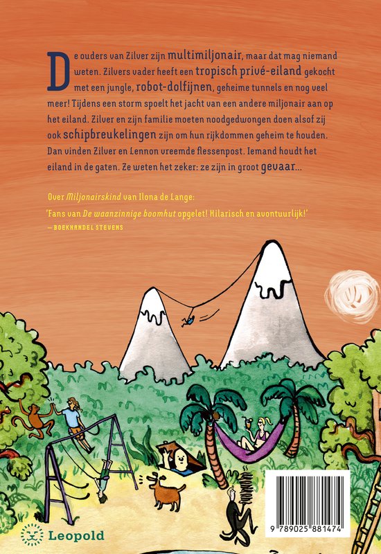 Achterkant van een kinderboek met een illustratie van een tropisch eiland, bergen, spelende kinderen, apen, een hond en dolfijnen in het water.