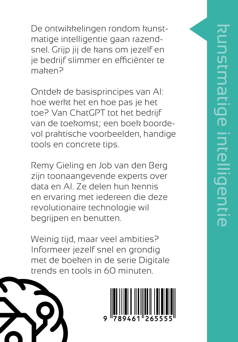 Boekomslag met tekst over kunstmatige intelligentie en een afbeelding van een brein met verbindingen.