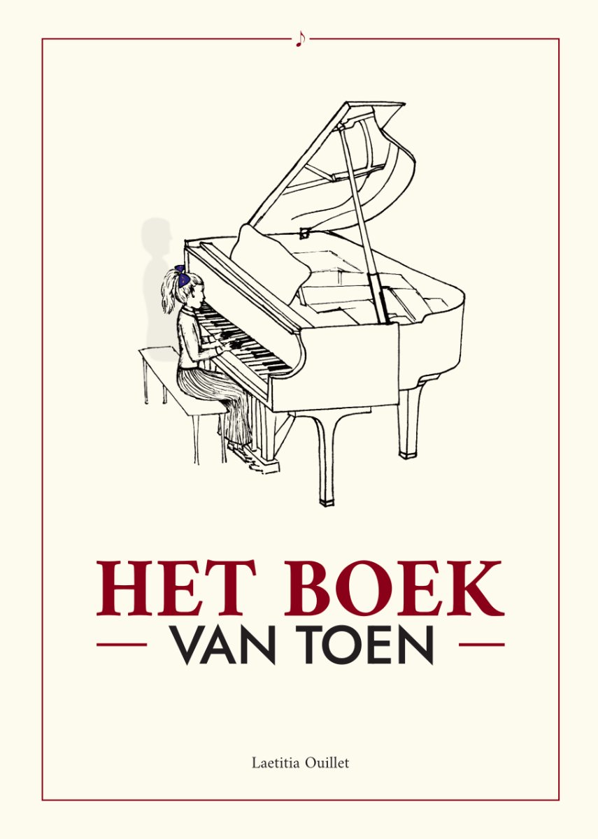 Een tekening van een meisje met een blauwe strik in haar haar dat piano speelt.