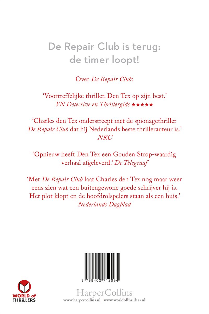 Boekcover met tekst: De Repair Club is terug: de timer loopt! Bevat recensies en uitgever HarperCollins.
