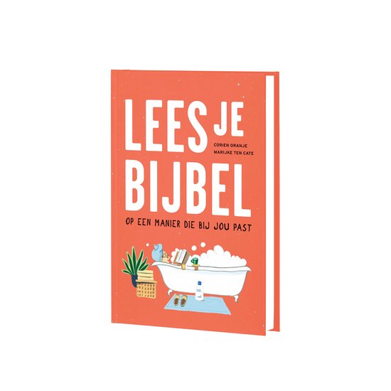Boek met oranje kaft: LEES JE BIJBEL. Illustratie van een badkuip met bubbels, boeken en planten.