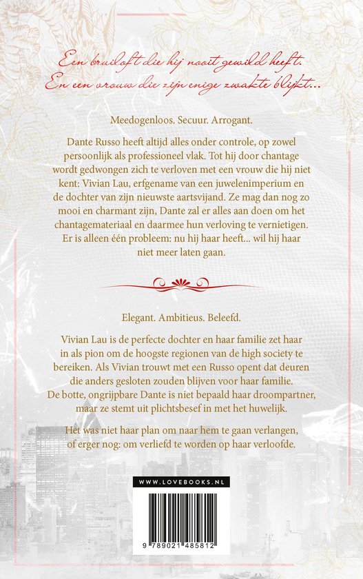 Een bruiloft die hij nooit gewild heeft. En een vrouw die zijn enige zwakte blijkt. Boek met tekst op de rug.