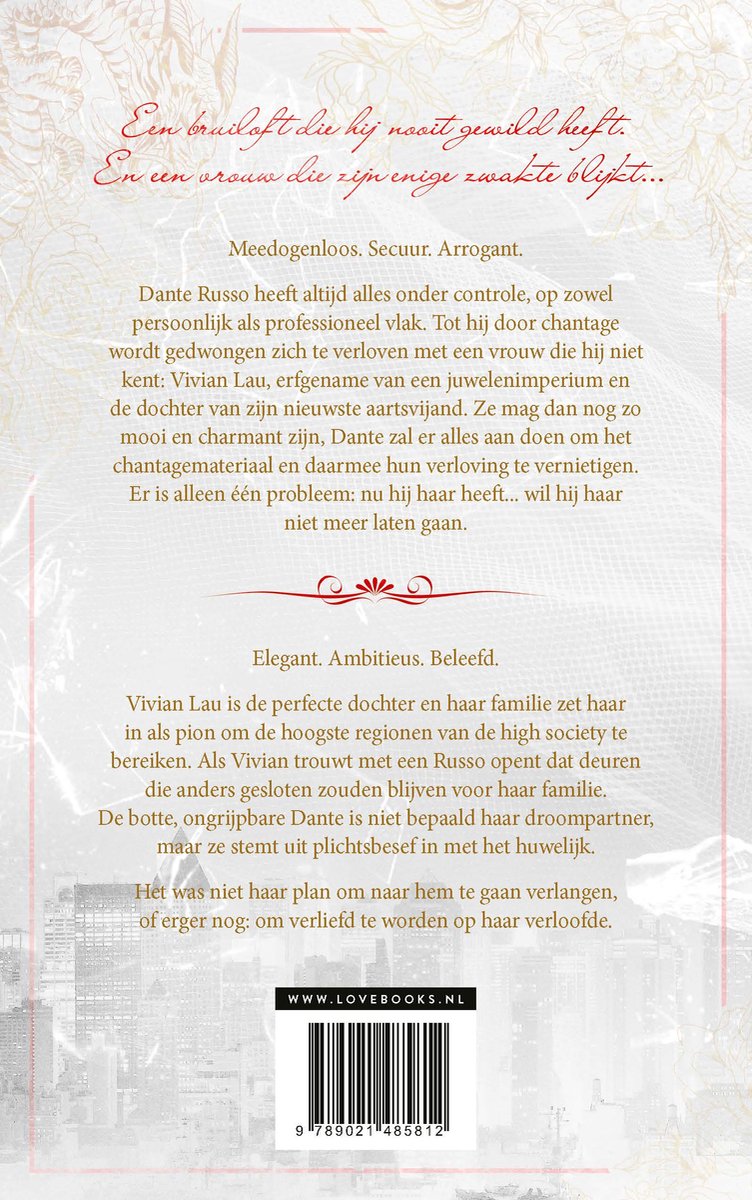 Een bruiloft die hij nooit gewild heeft. En een vrouw die zijn enige zwakte blijkt. Boek met tekst op de rug.