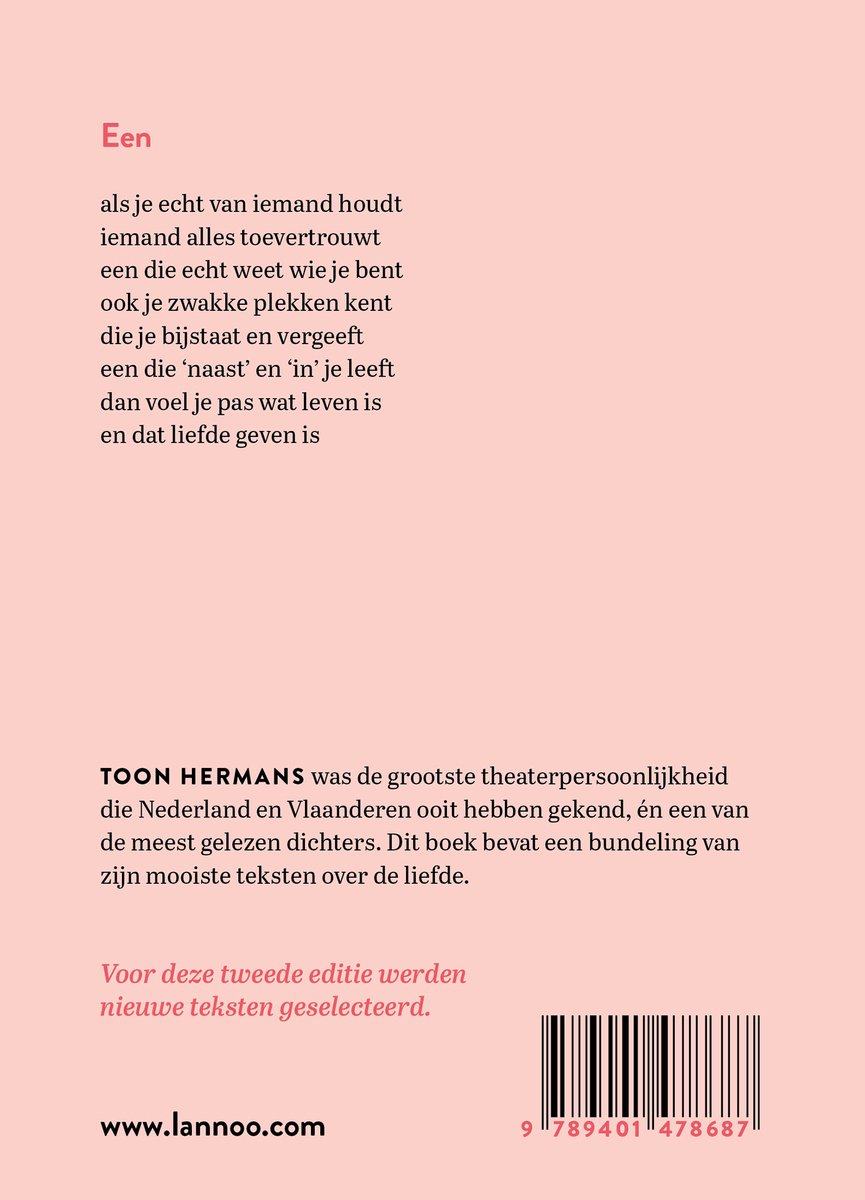 Achterkant van een boek met tekst over Toon Hermans en een barcode.