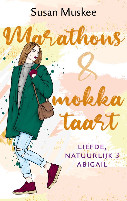 Couverture du livre 'Marathons & mokkataart' avec illustration d'une femme en manteau vert et jean.