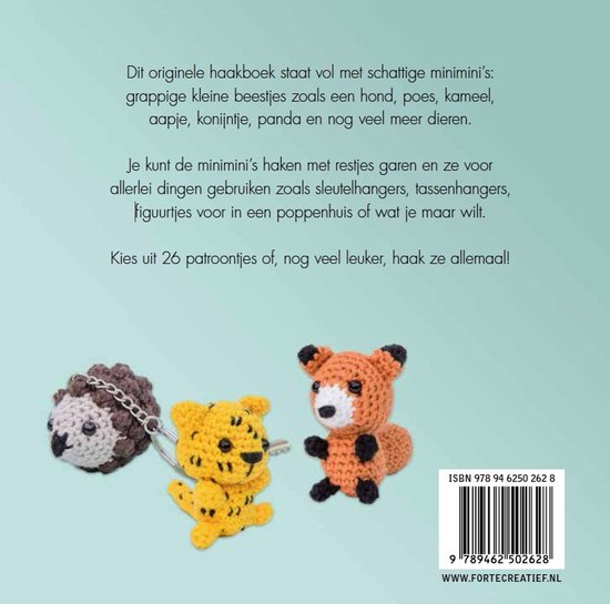 Een gehaakte egel, tijger en vosje met de ISBN-code en website.