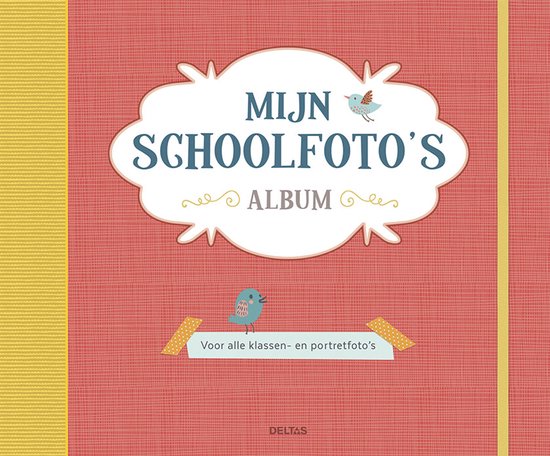 Couverture d'album avec le titre 'MON ALBUM DE PHOTOS SCOLAIRES' dans un cadre en forme de nuage, avec des images d'oiseaux et le texte 'Pour toutes les photos de classe et de portrait'.