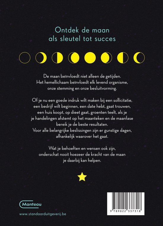 Boekomslag met de tekst 'Ontdek de maan als sleutel tot succes' en diverse maanfasen.
