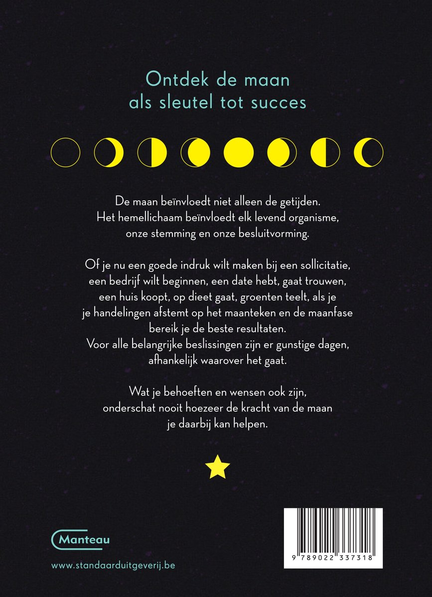 Boekomslag met de tekst 'Ontdek de maan als sleutel tot succes' en diverse maanfasen.