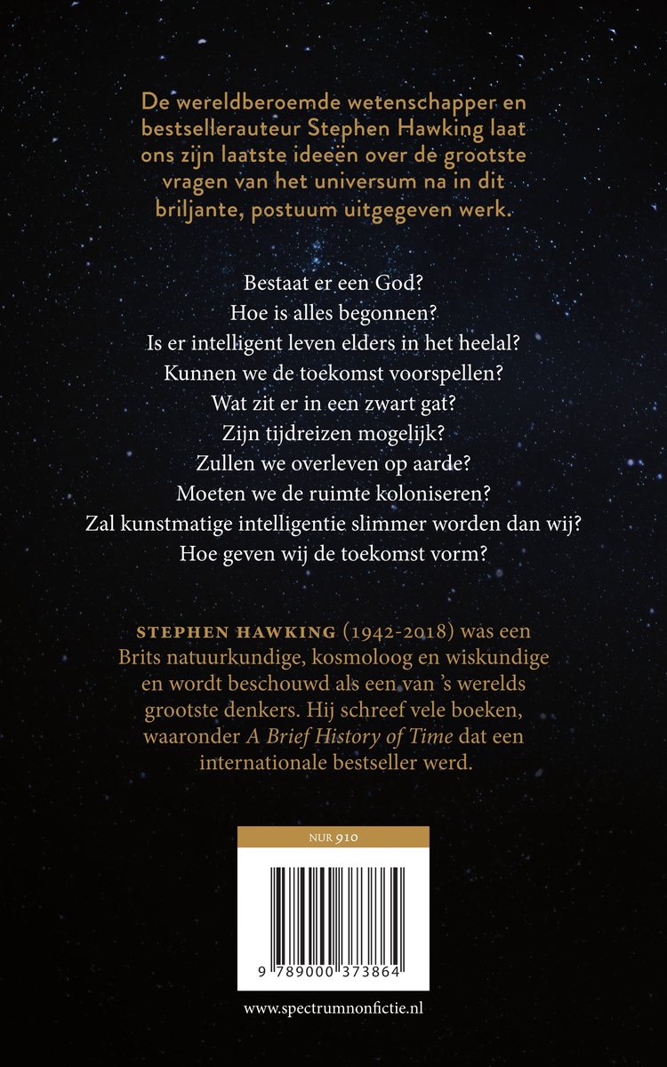 Achterkant van het boek 'De Antwoorden op de Grote Vragen' met tekst en een streepjescode.