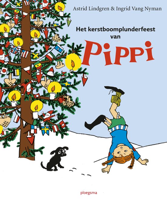 Pippi Langkous op haar kop onder een kerstboom vol met vlaggetjes en ballen, met meneer Nilsson ernaast.