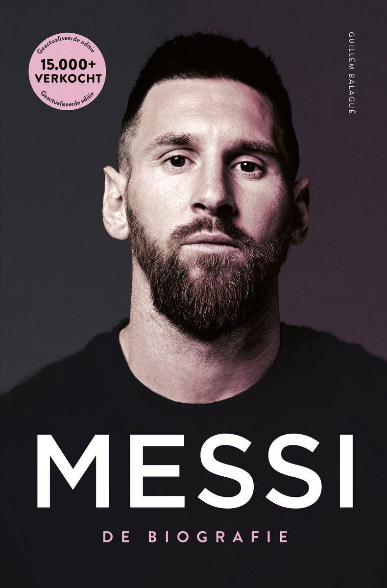 Couverture de livre avec un gros plan de Lionel Messi barbu, intitulé "MESSI DE BIOGRAFIE", Mise à jour 15 000+ vendus.