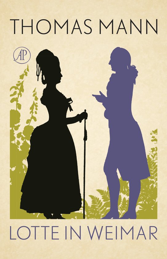 Boekcover met silhouetten van een vrouw in baljurk en een man in kledij uit de 18e eeuw, met de tekst 'THOMAS MANN LOTTE IN WEIMAR'.