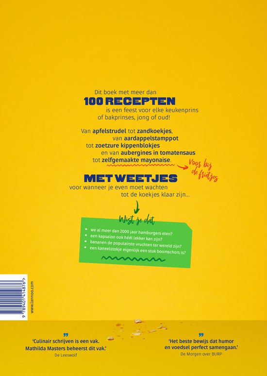 Het beste kookboek ter wereld (en niet alleen) voor kinderen. Bladzijde met tekst over recepten, weetjes en citaten.