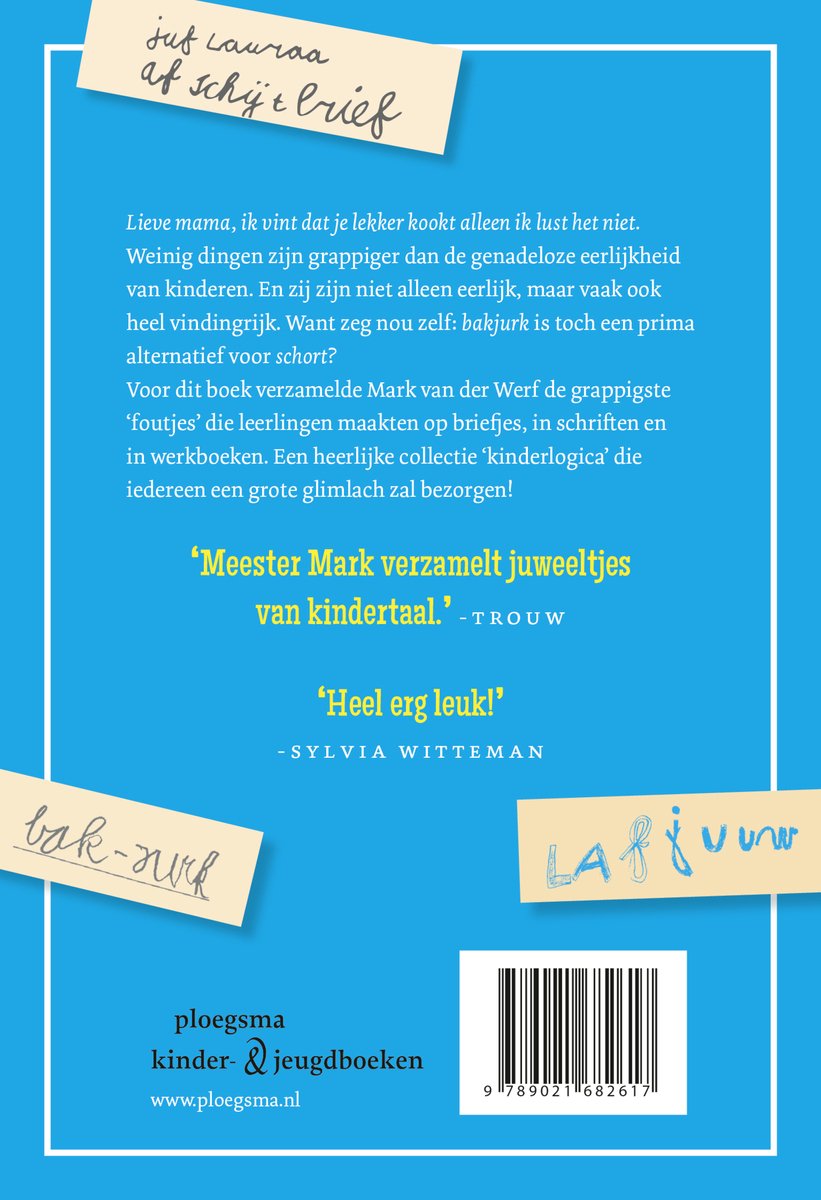 Achterkant van het boek 'Meester Mark - De grappigste taalfoutjes uit de klas'. Blauwe achtergrond met tekst en een barcode.
