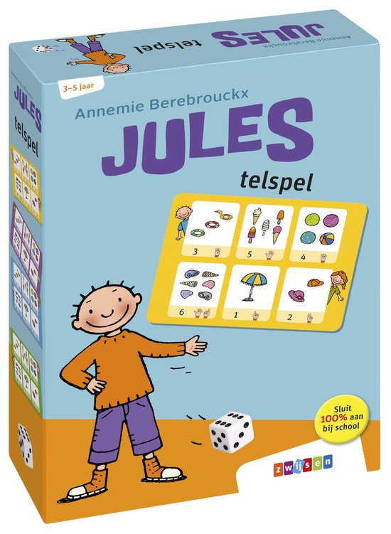 De voorkant van een speldoos met de tekst 'Jules telspel' en een tekening van een jongen die naar een kaart met getallen en afbeeldingen wijst.