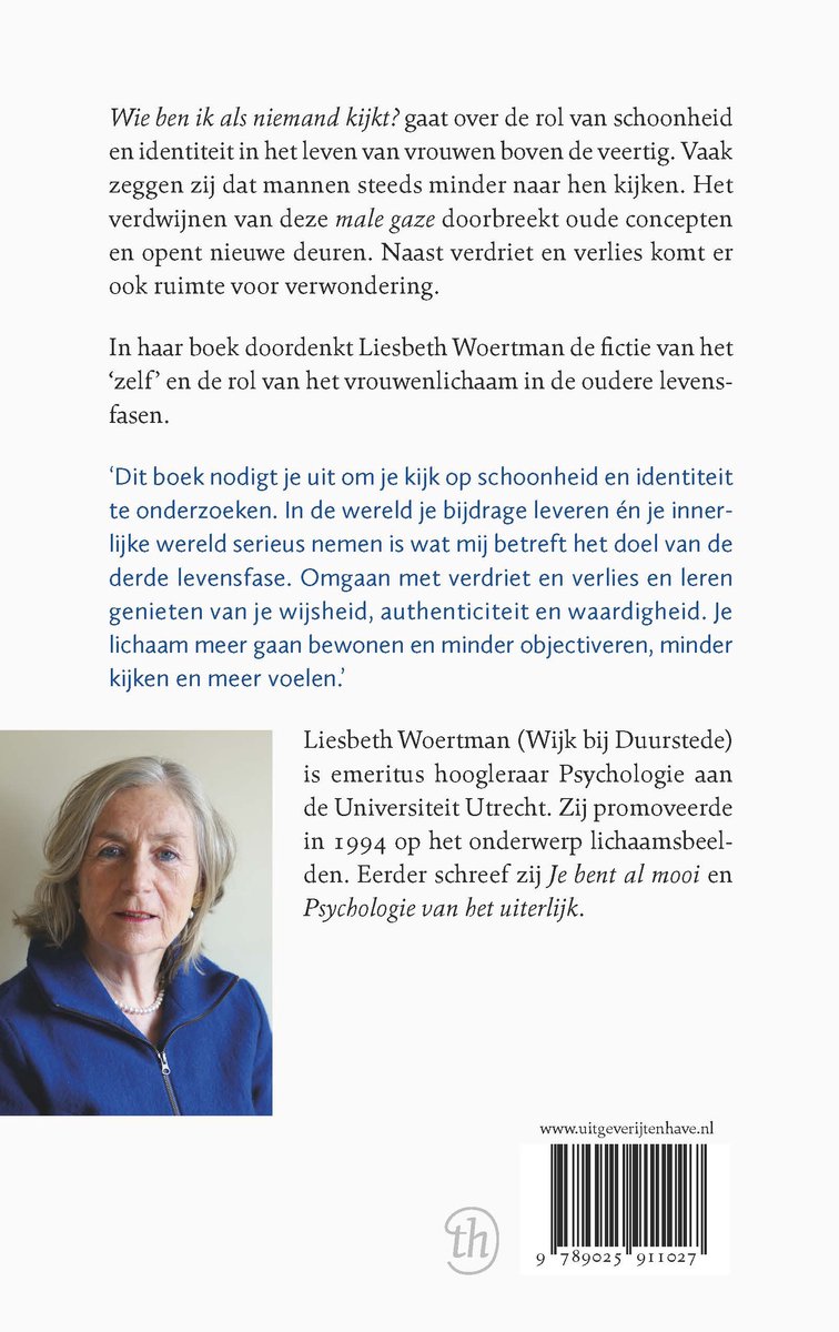 Achteromslag met portret van Liesbeth Woertman, tekst over haar boek en ISBN.