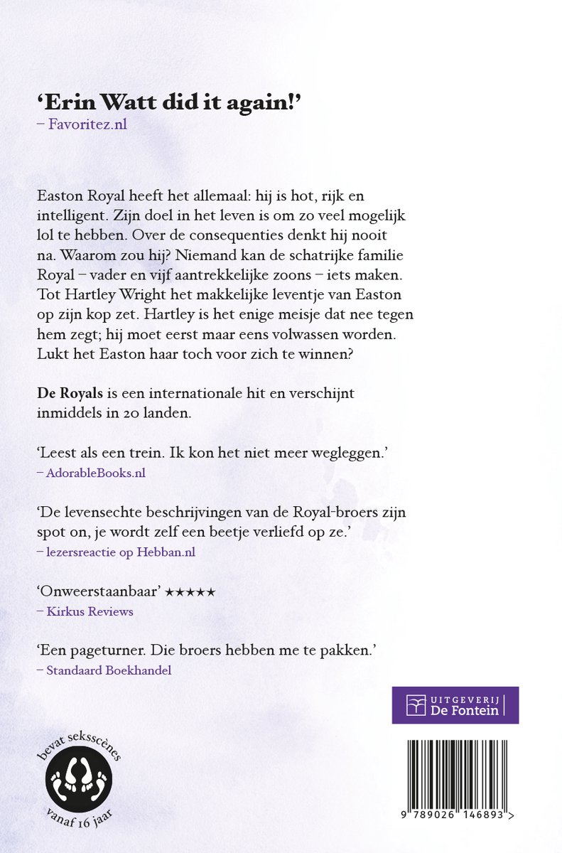 Boekomslag met tekst: 'Erin Watt did it again!' - Favoritez.nl. Easton Royal heeft het allemaal: hij is hot, rijk en intelligent. Zijn doel in het leven is om zo veel mogelijk lol te hebben. Over de consequenties denkt hij nooit na. Waarom zou hij? Niemand kan de schatrijke familie Royal – vader en vijf aantrekkelijke zoons – iets maken. Tot Hartley Wright het makkelijke levenstje van Easton op zijn kop zet. Hartley is het enige meisje dat nee tegen hem zegt; hij moet eerst maar eens volwassen worden. Lukt het Easton haar toch voor zich te winnen?