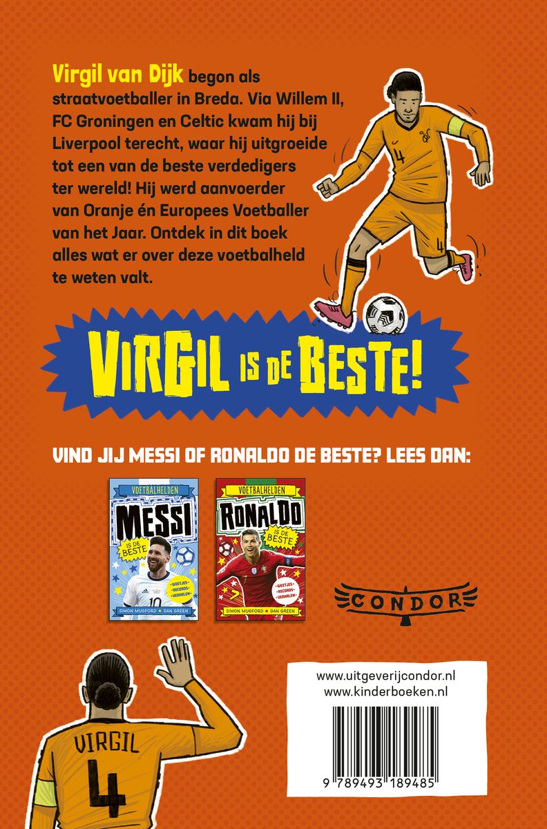 Virgil van Dijk op de achterkant van een boek, met tekst over zijn carrière en twee andere boeken over Messi en Ronaldo.