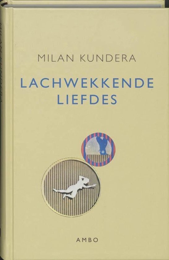 Boek 'Lachwekkende liefdes' van Milan Kundera, met gele kaft en illustraties.