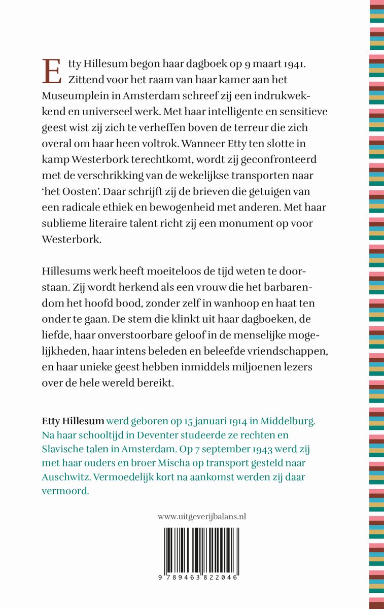 Boekrug met tekst over Etty Hillesum en haar dagboek.
