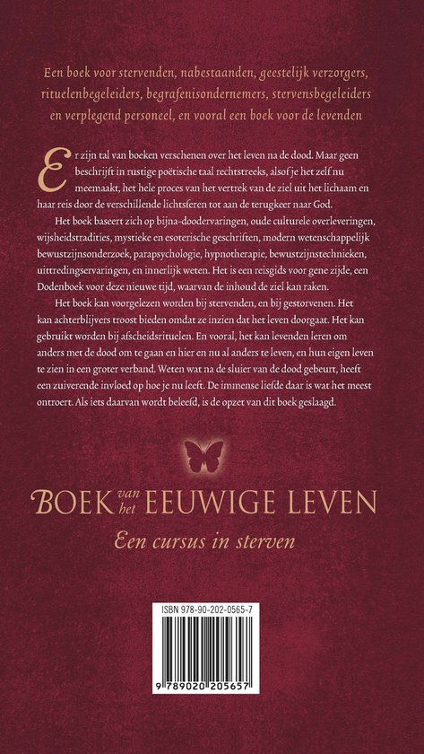Achterkant van Boek van het Eeuwige Leven, Een cursus in sterven, met tekst en een vlindericoon op een bordeauxrode achtergrond.