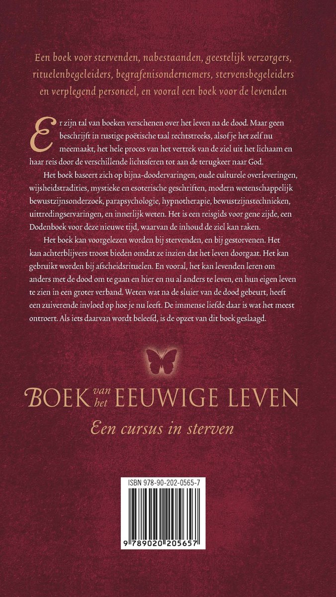 Achterkant van Boek van het Eeuwige Leven, Een cursus in sterven, met tekst en een vlindericoon op een bordeauxrode achtergrond.