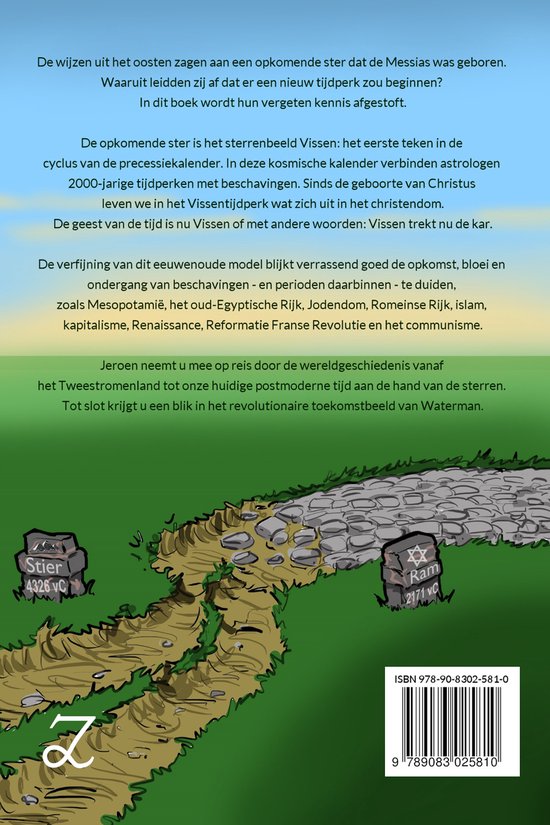 Tekst over astrologie en de cyclus van precessie met sterrenbeelden, inclusief de tekst 'Jeroen neemt u mee op reis door de wereldgeschiedenis vanaf het Tweestromenland tot onze huidige postmoderne tijd aan de hand van de sterren.'.