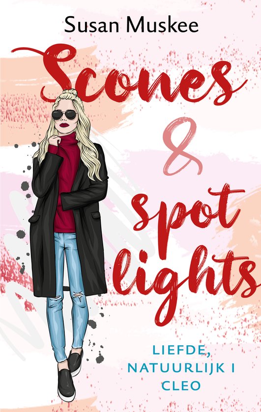 Une femme aux cheveux blonds et lunettes de soleil, vêtue d'un manteau noir, d'un col roulé rouge et d'un jean, se tient devant le titre 'Scones & Spotlights'.