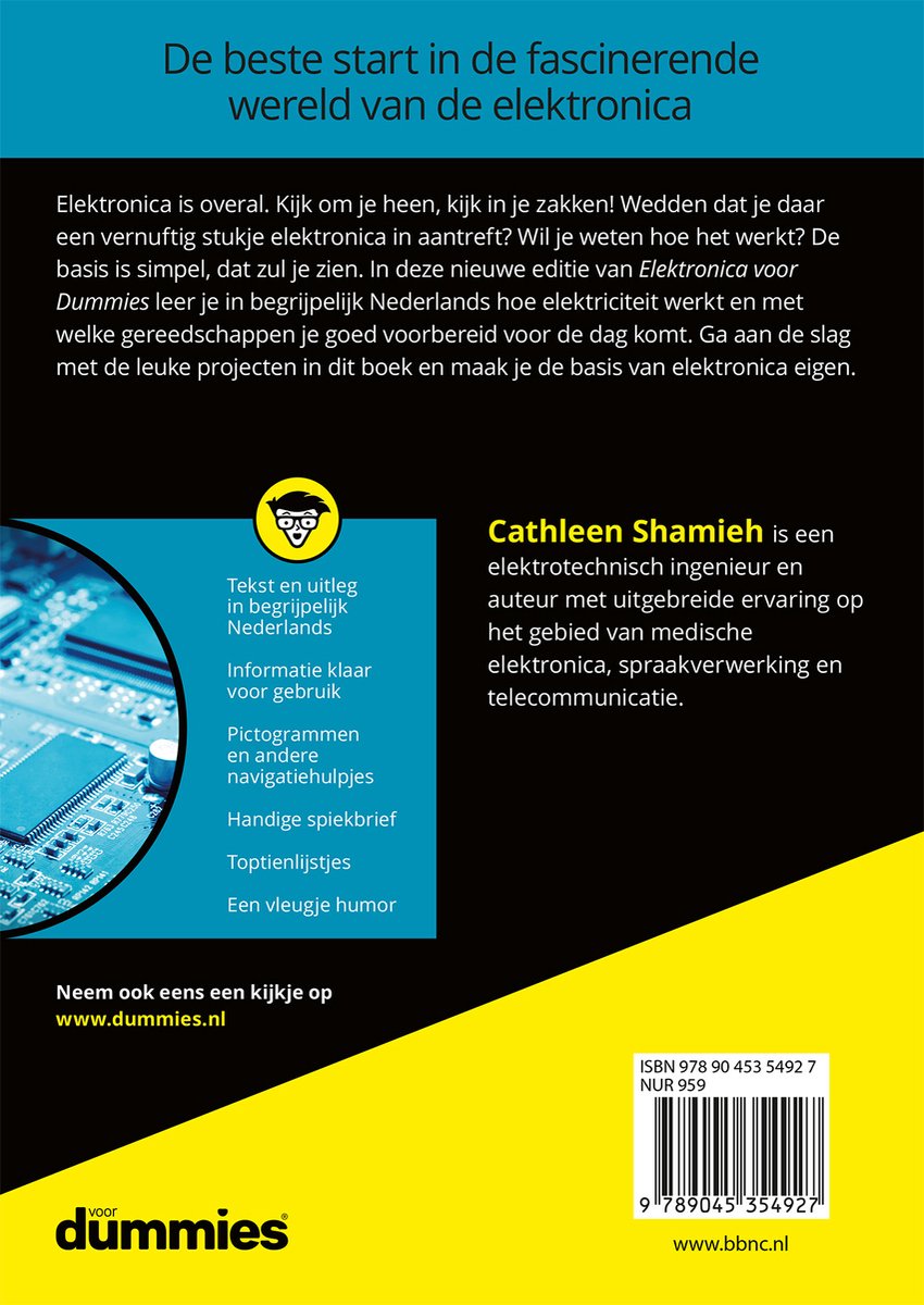Boek 'Elektronica voor Dummies' in het Nederlands, met een illustratie van een circuitbord. Cathleen Shamieh auteur.