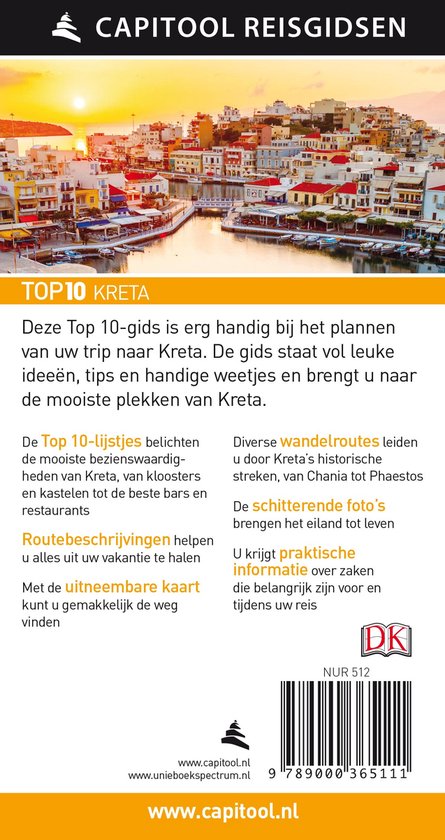 Capitool Reisgidsen Top 10 Kreta. Gezellig dorpje met witte huizen en rode daken tegen een zonsondergang. Tekst en DK logo.