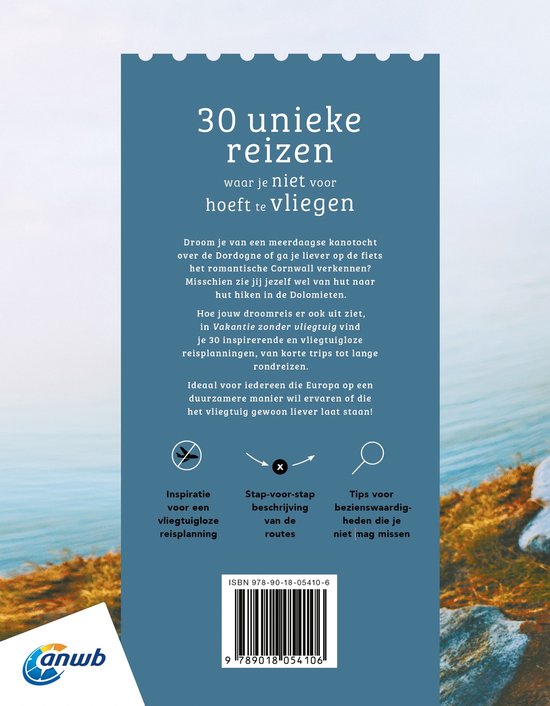Boekomslag 'Vakantie zonder vliegtuig'. Beschrijft 30 unieke reizen zonder vliegen. Met ANWB-logo.
