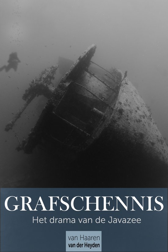 Onderzeeër wrak in de diepte, met een duiker op de achtergrond. De tekst "GRAFSCHENNIS" staat onderaan.