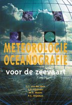 Boek 'Meteorologie & Oceanografie voor de zeevaart'. Gekleurde bol van de aarde met bliksem en golven. Gele titel.