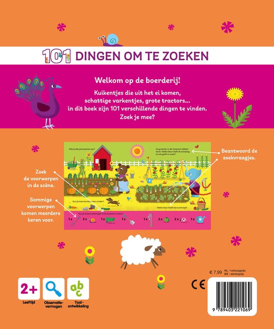 Achterpagina van een kinderzoekboek met een boerderijthema, met tekst en illustraties van dieren en een tuin.