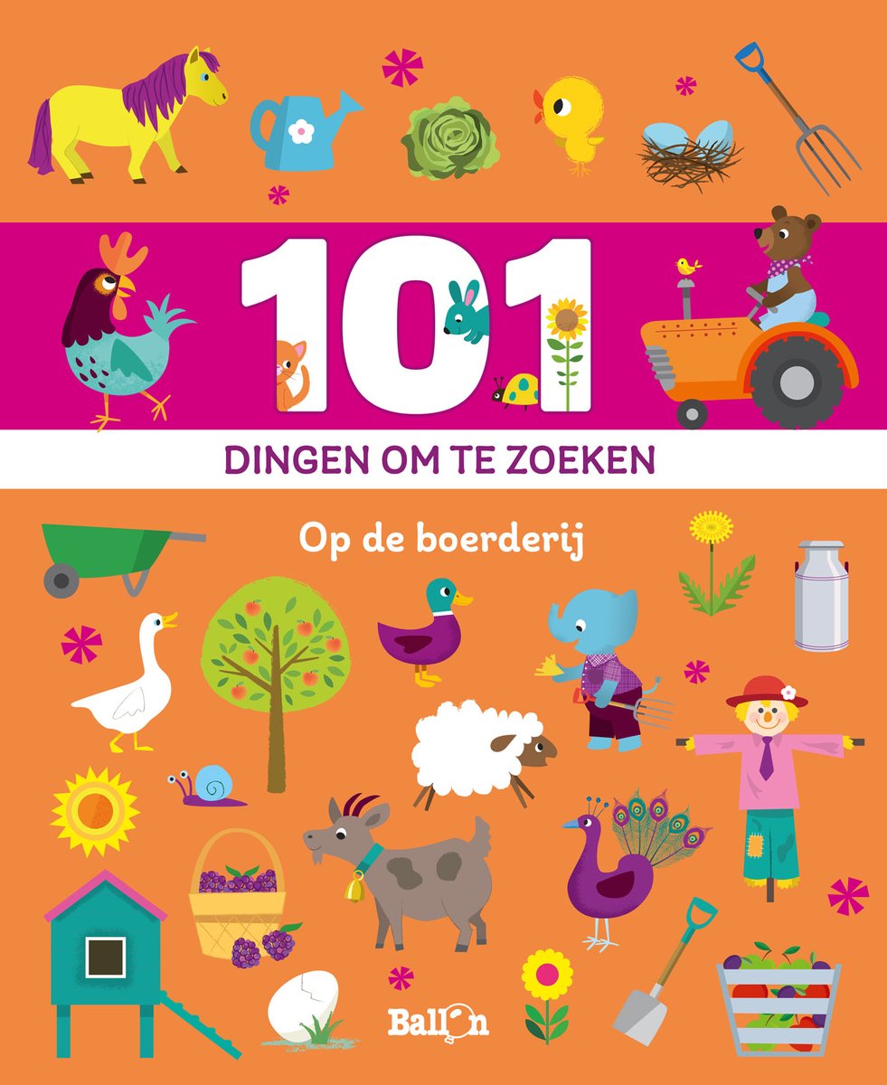 Illustratie van 101 boerderijdieren en voorwerpen, waaronder een tractor, schaap, kip en paard.