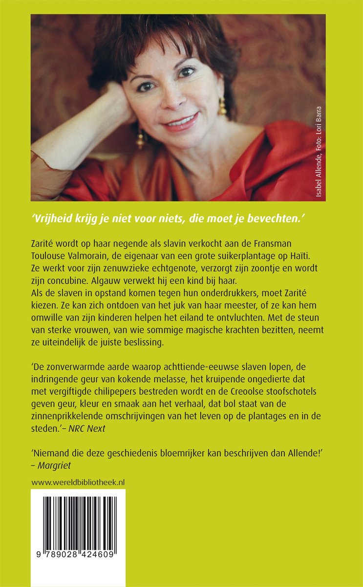 Boekomslag van 'Het eiland onder de zee' met een portret van de schrijfster Isabel Allende.