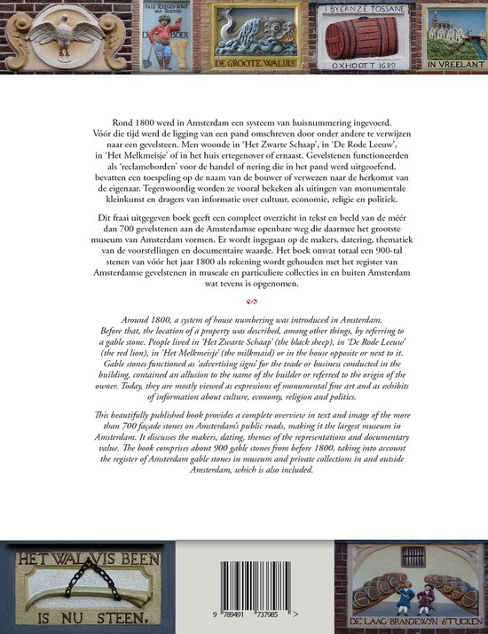 Boek met afbeeldingen van gevelstenen in Amsterdam, met tekst in het Nederlands en Engels.